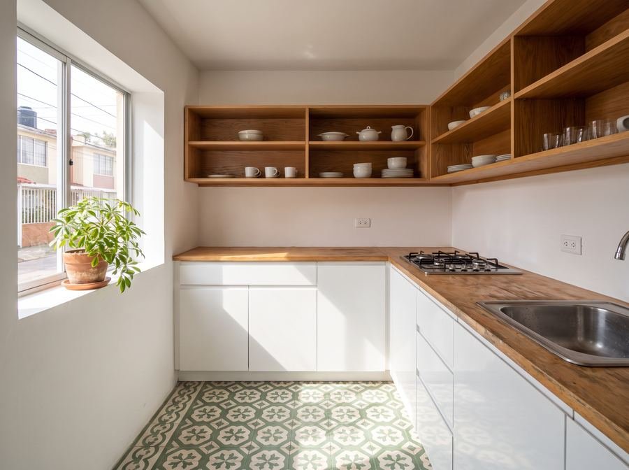 Cocina reformada con estantes de madera y piso de baldosas