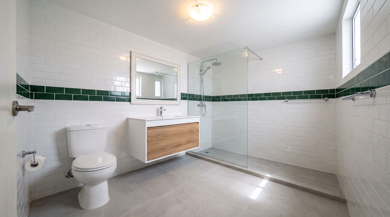 El mismo baño después de la reforma, con ducha de vidrio y mueble de roble