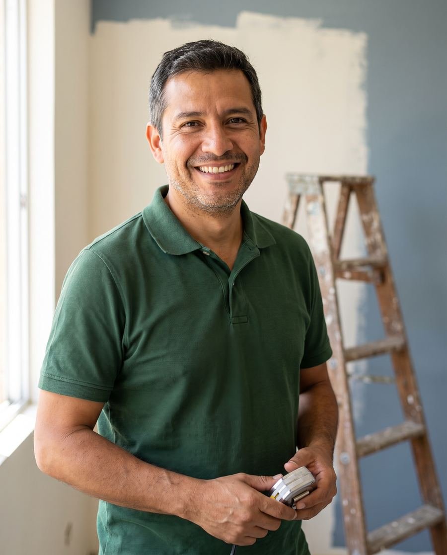 Encargado de obra sonriendo con una cinta métrica
