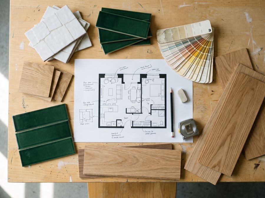 Plano, muestras de azulejos y maderas sobre una mesa de trabajo