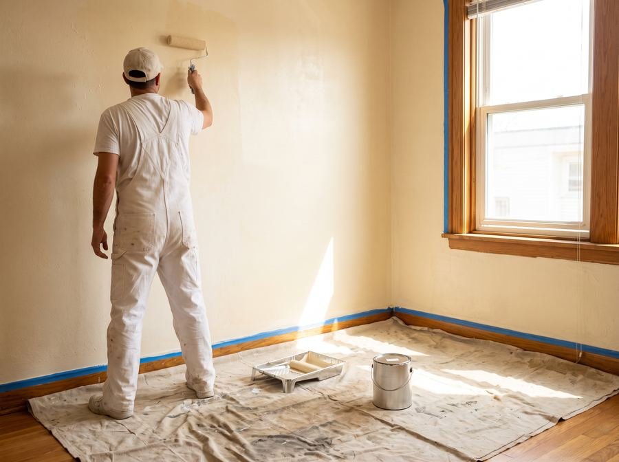Pintor trabajando en una pared interior