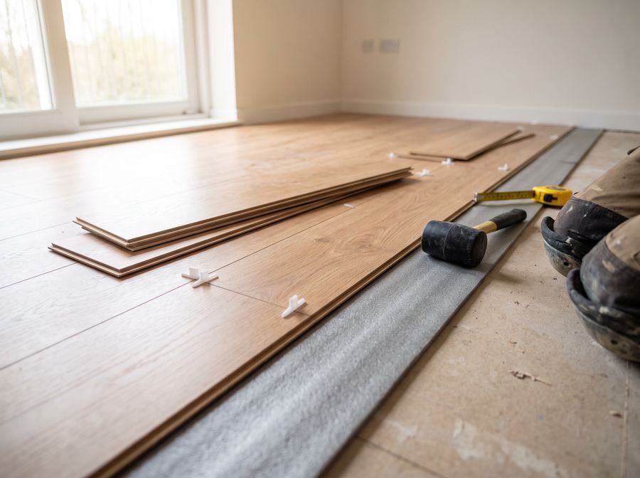 Piso de madera colocándose en un living vacío